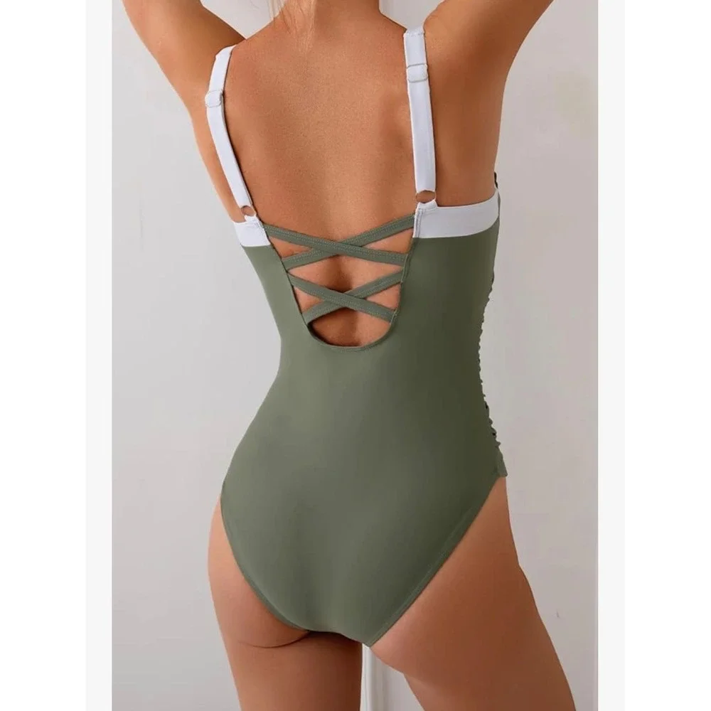 Eagerbuy Ruched One Piece Swimsuit‎ Criss Cross Back V Neck Bathing Suit Olive
